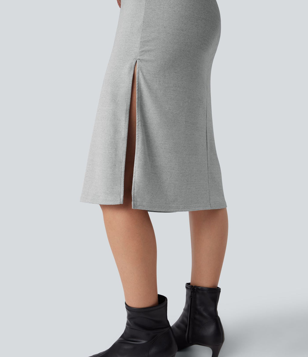 Robe tailleur mi-longue moulante manches courtes froncée