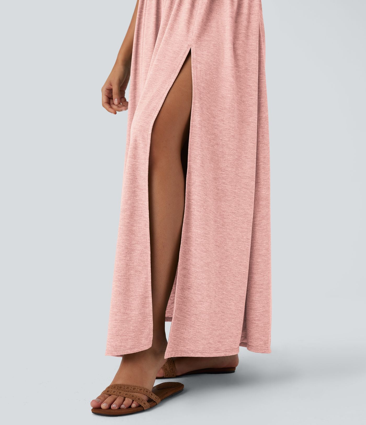 Robe longue fluide fendue avec poches latérales, dos nu et effet torsadé
