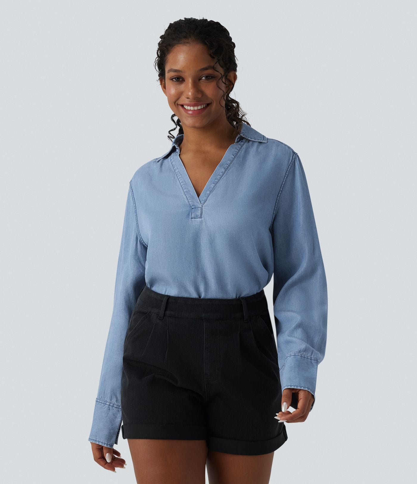 Blouse casual denim en lyocell col V manches longues