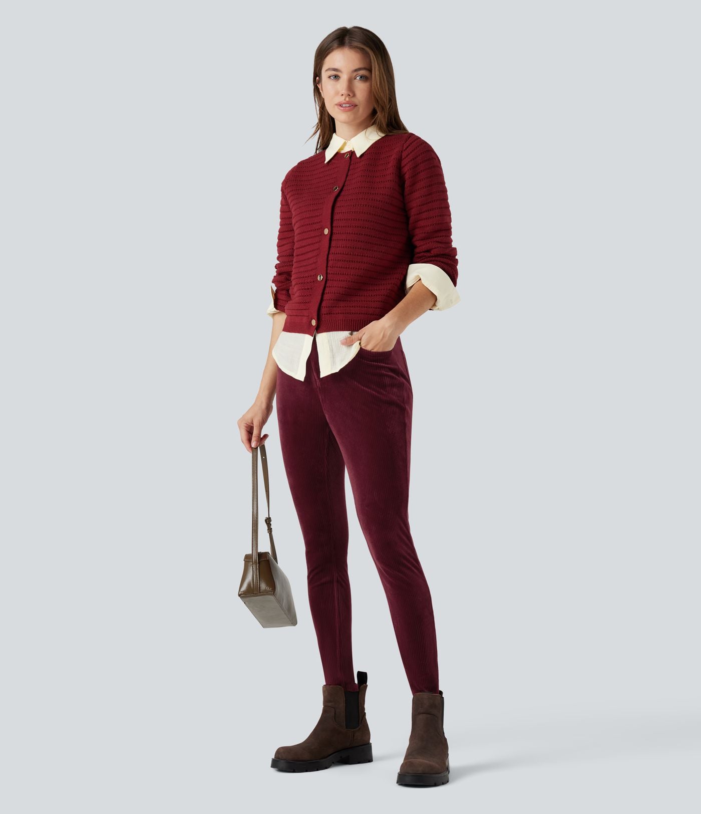 Pantalon velours côtelé taille haute avec poches