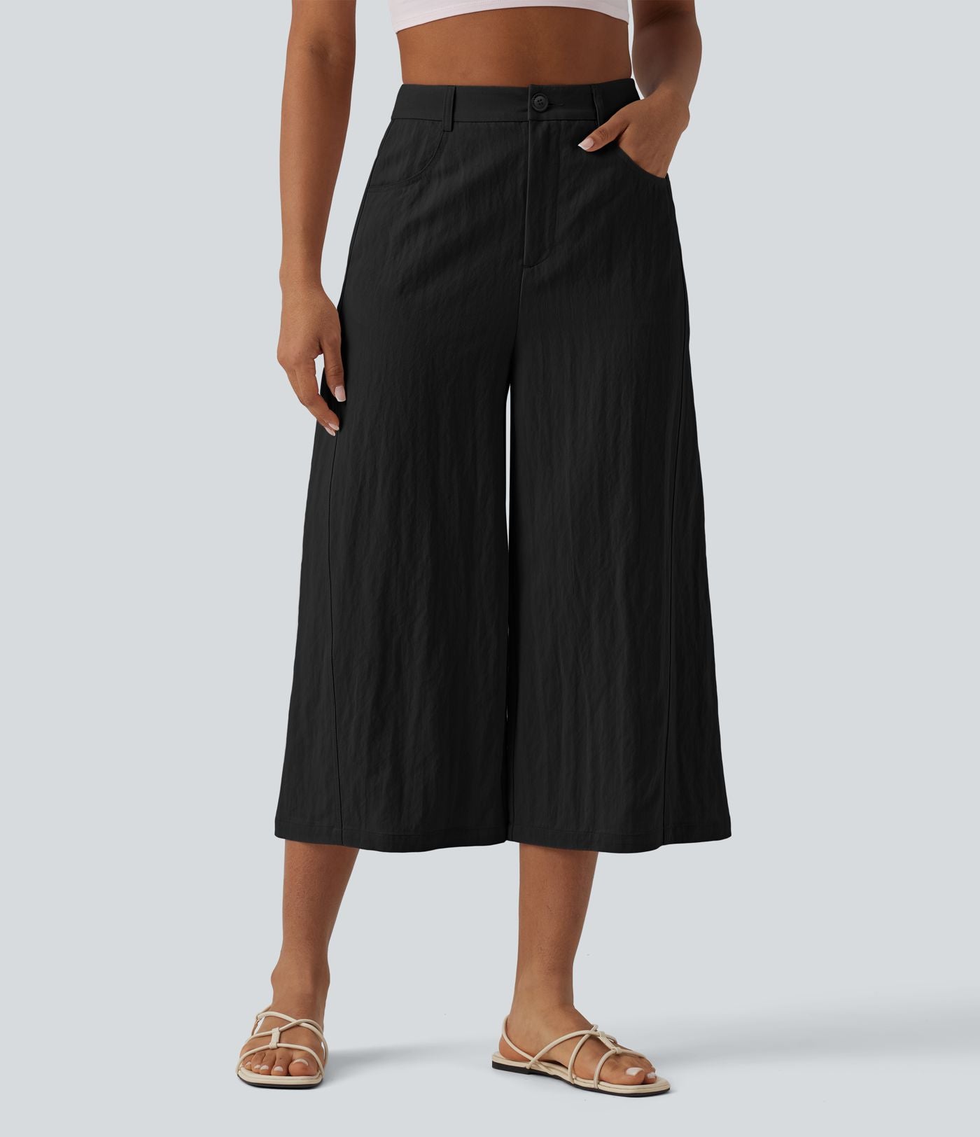 Pantalon large décontracté court taille haute avec poches