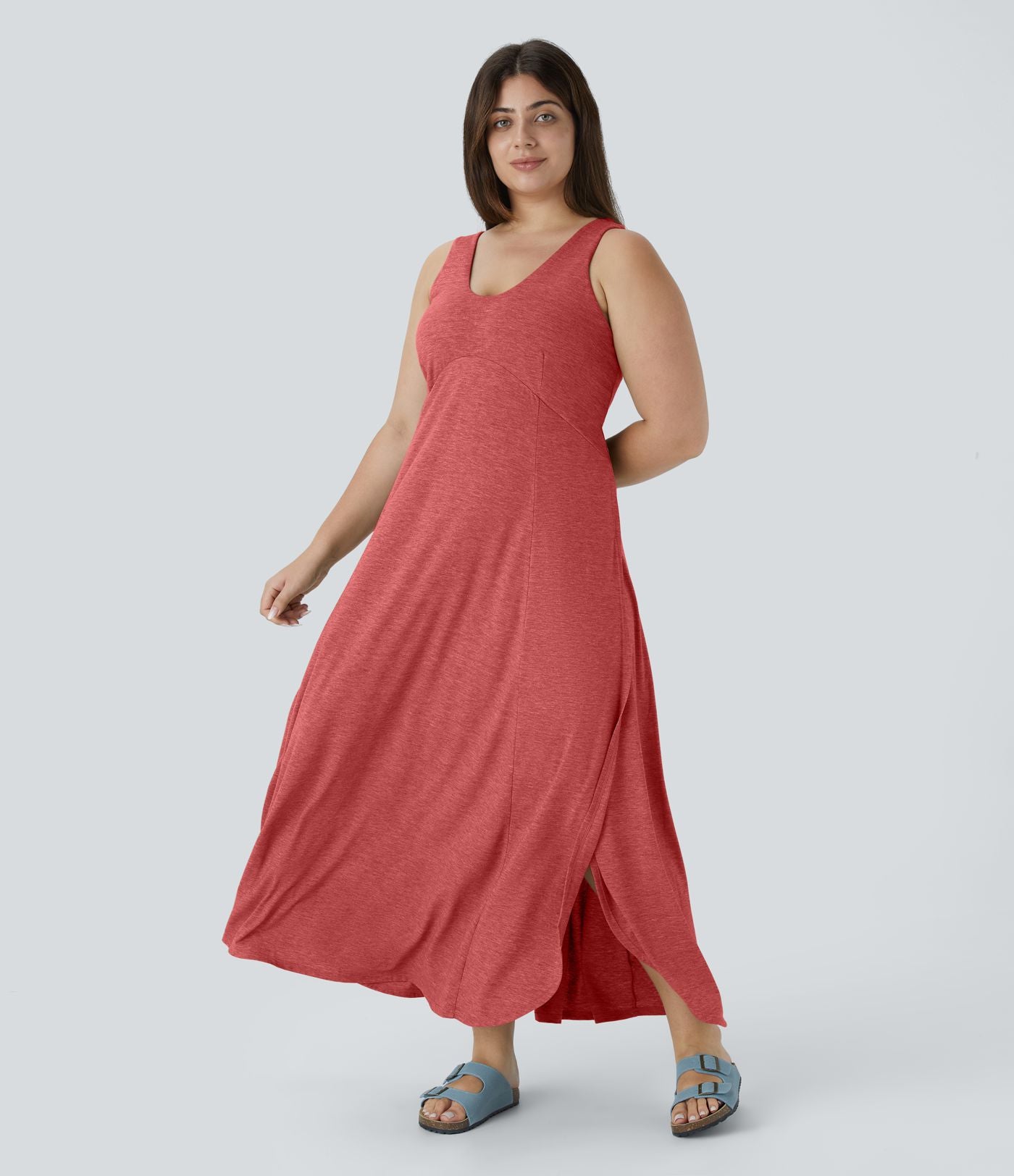 Robe Maxi Casual Grande Taille à Col U Sans Dos Fendue et Fluide