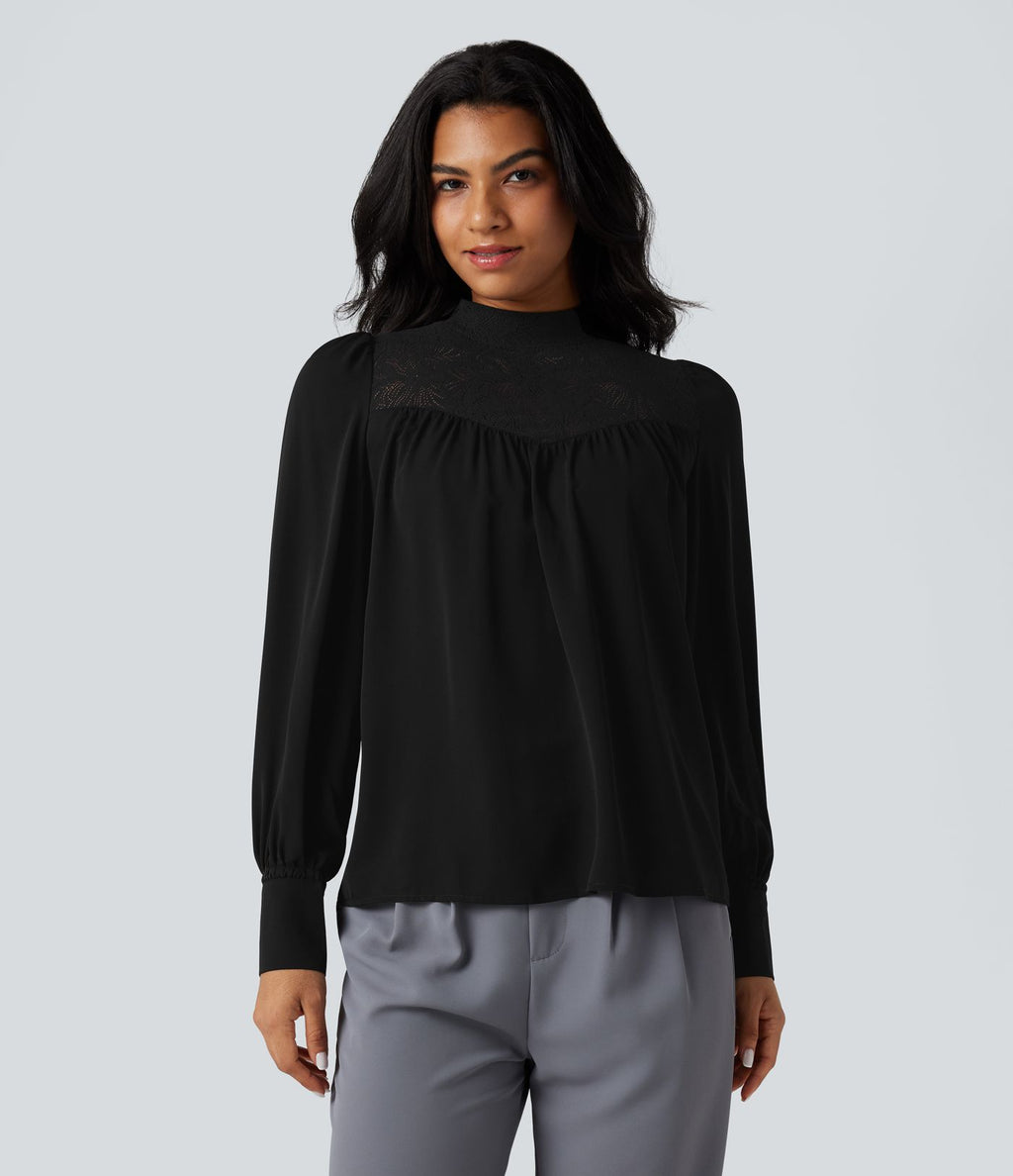Chemise tailleur col montant dentelle contrastante manches longues