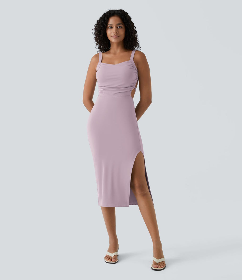 Robe midi laquée fendue, brassière intégrée, dos nu croisé