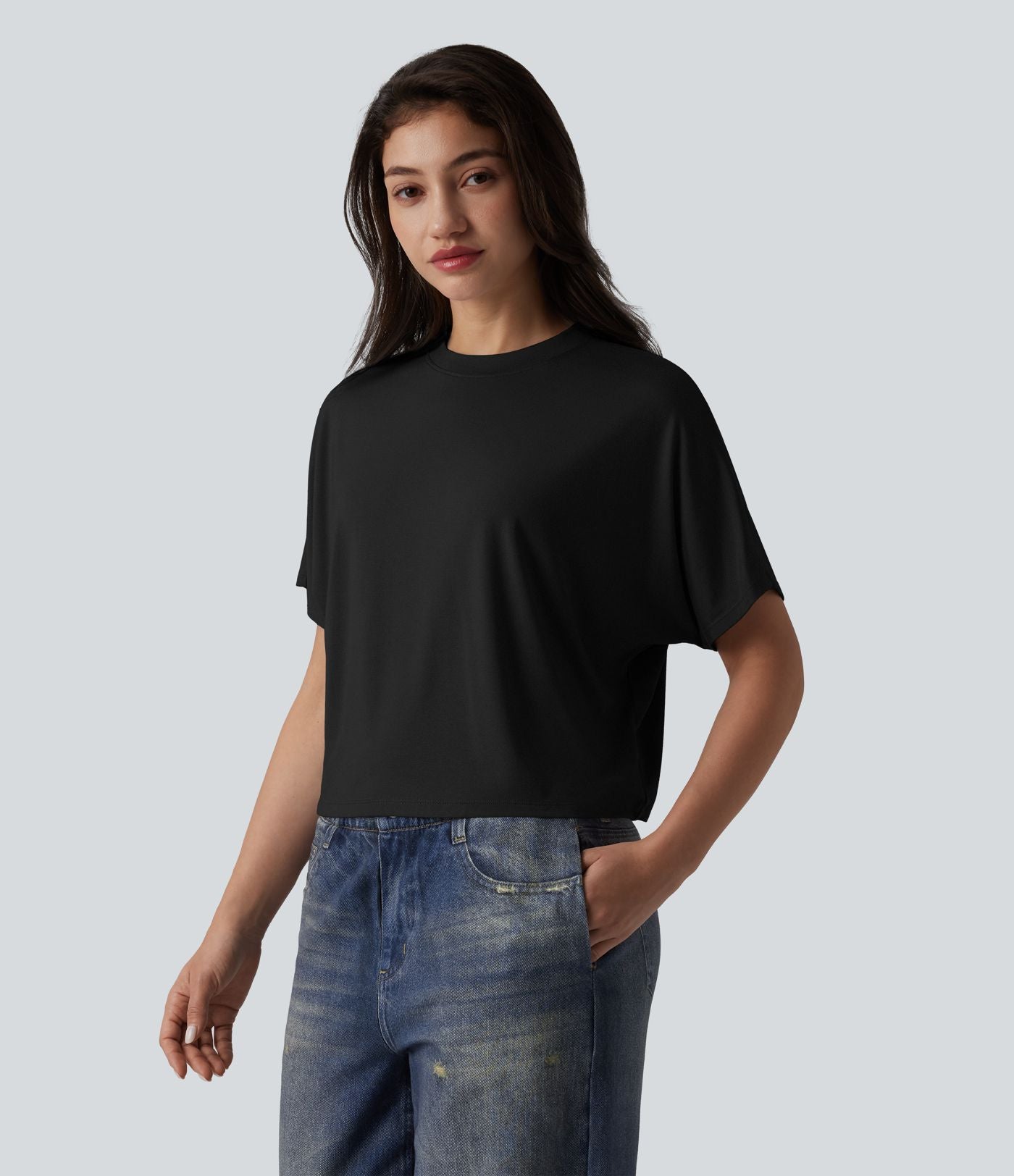 T-shirt décontracté col rond manches chauve-souris courtes