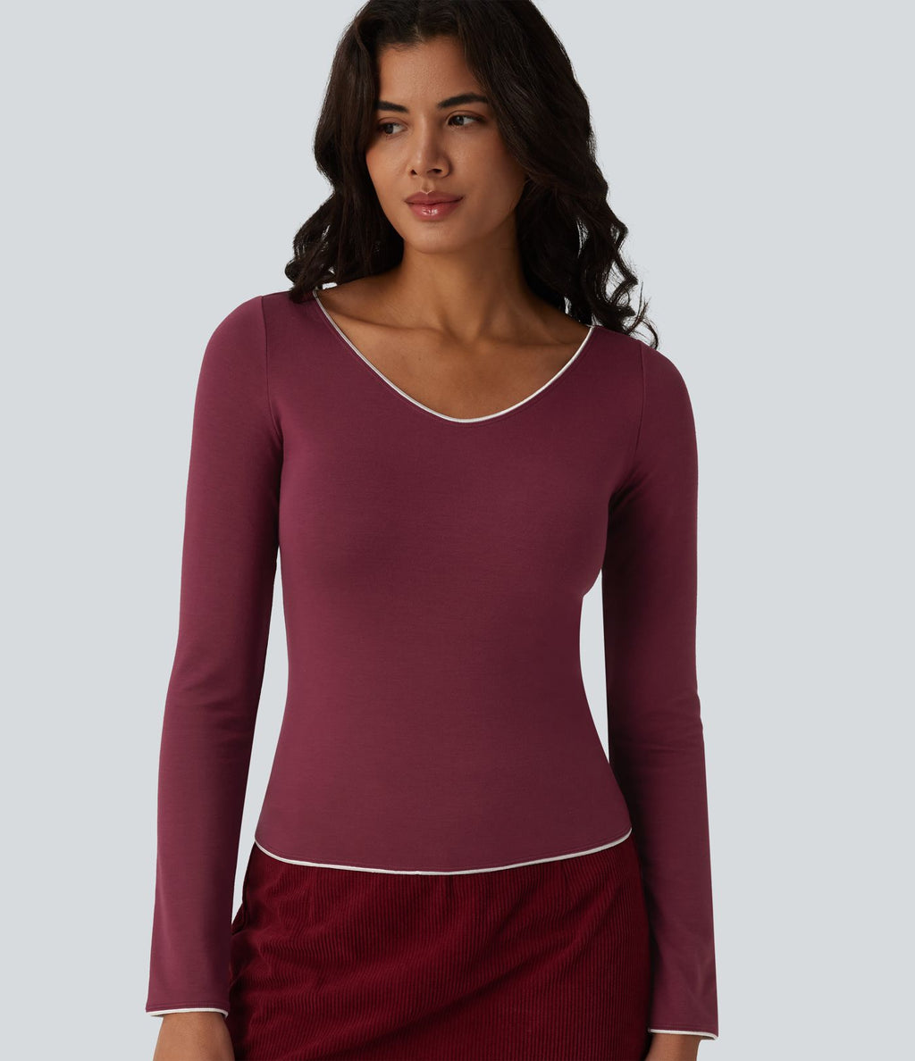 Top casual chauffant Halara HeatCore col V manches longues avec liserés contrastants