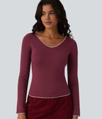 Top casual chauffant Halara HeatCore col V manches longues avec liserés contrastants