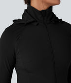 Veste randonnée capuche amovible double zip cordon de serrage avec trous pouces et poches