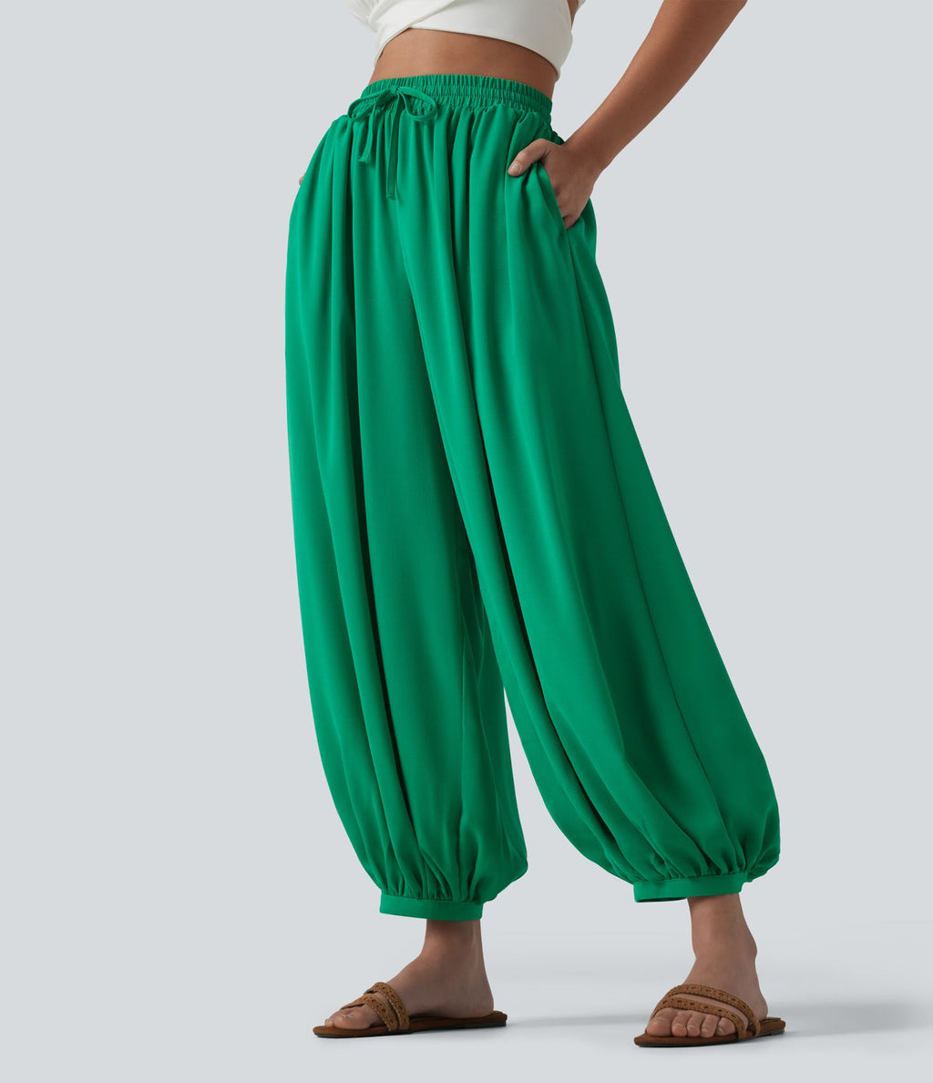 Pantalon ballon fluide resort taille haute effet lin avec cordon de serrage et poches