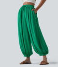 Pantalon ballon fluide resort taille haute effet lin avec cordon de serrage et poches