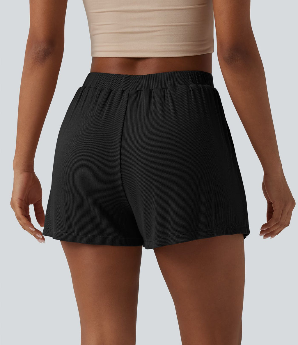 Short tailleur casual 2-en-1 côtelé maille taille haute avec poches