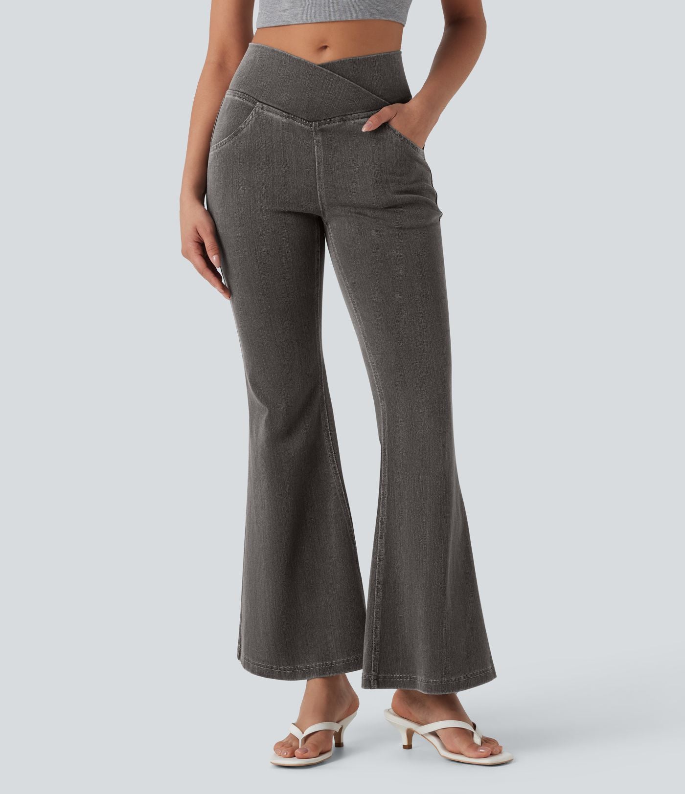 Halara Flex™ - Jean Ultra Evasé Tricot Extensible Lavé Poches Croisées Taille Haute