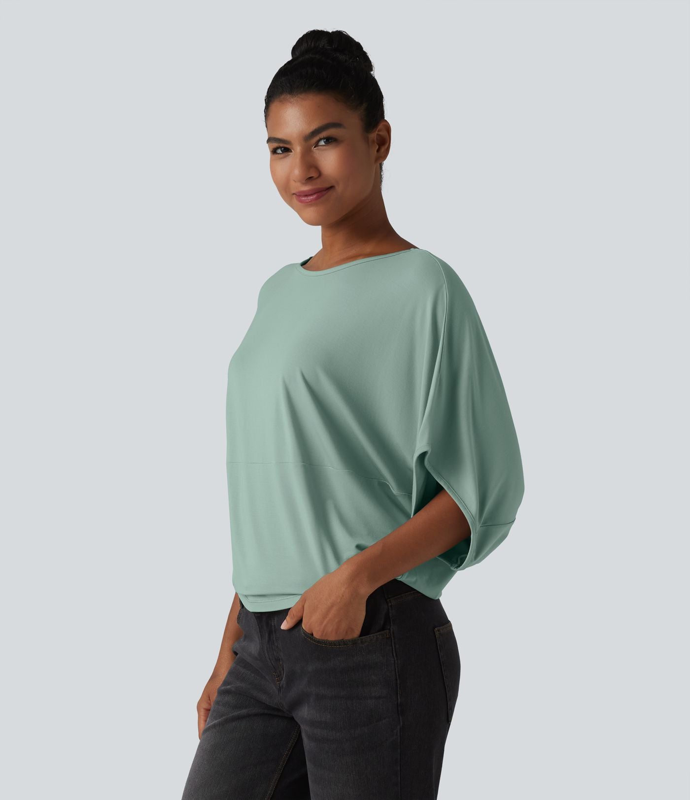 Top casual relaxed col rond à manches chauve-souris