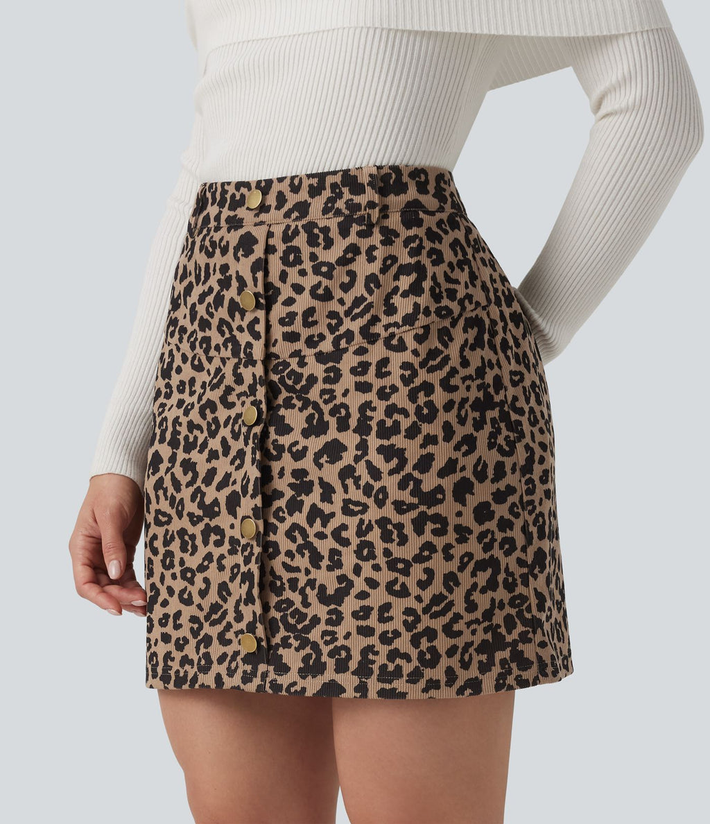 Jupe mini casual 2-en-1 léopard taille haute avec poche — Longueur allongée