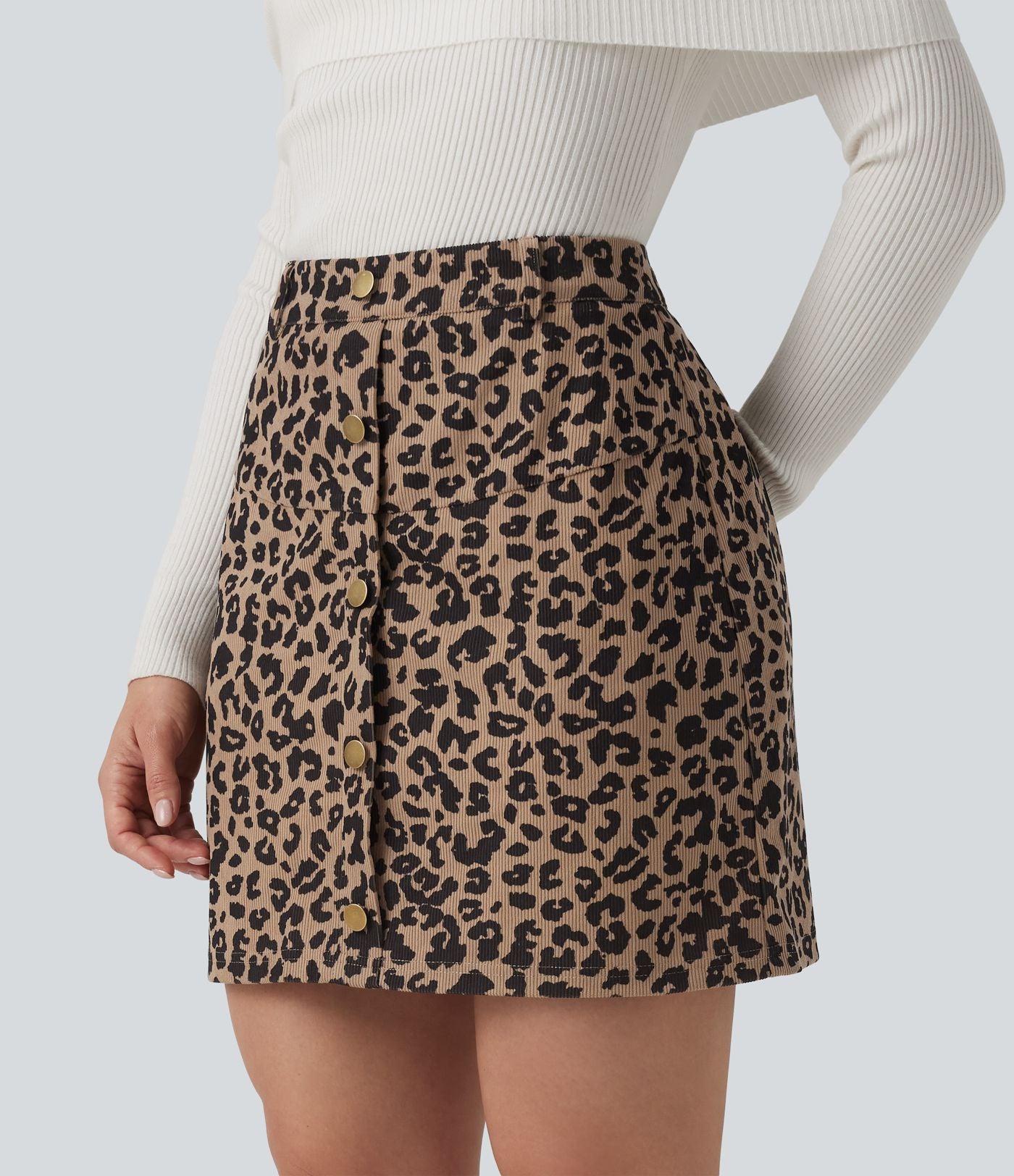 Jupe mini casual 2-en-1 léopard taille haute avec poche — Longueur allongée