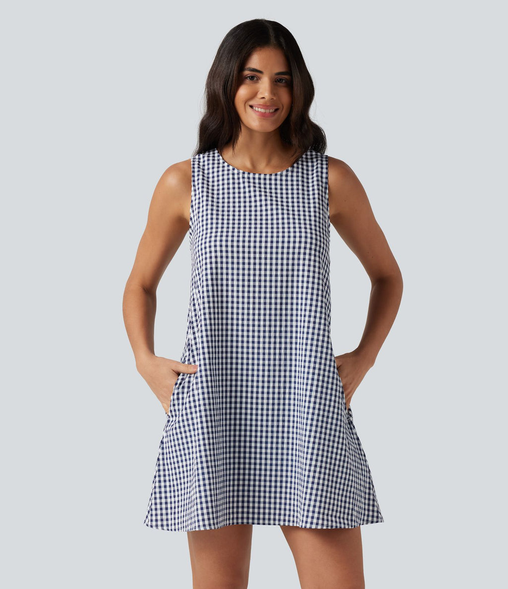 Robe débardeur mini décontractée col rond sans manches en vichy froissé avec poches
