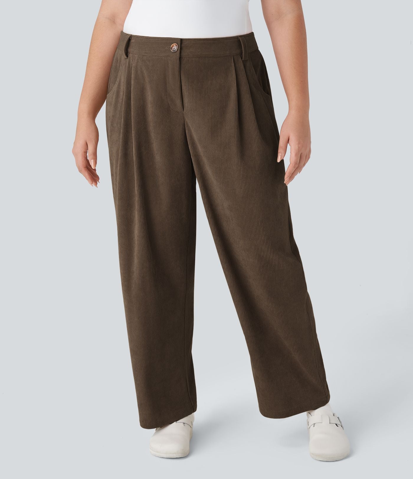 Pantalon Casual Grande Taille Velours Côtelé Taille Mi-haute Boutonnés Fermeture Éclair Poches Latérales