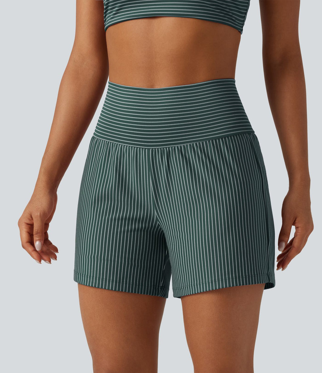 Short de yoga 2-en-1 à rayures, taille très haute, 12,5 cm, à poches