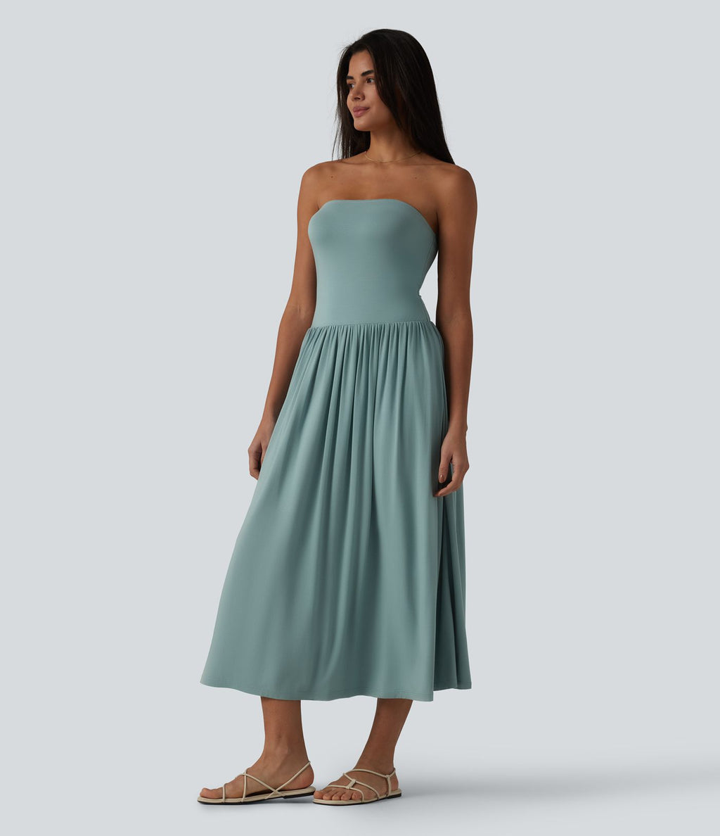 Robe midi casual bustier fluide avec détail froncé