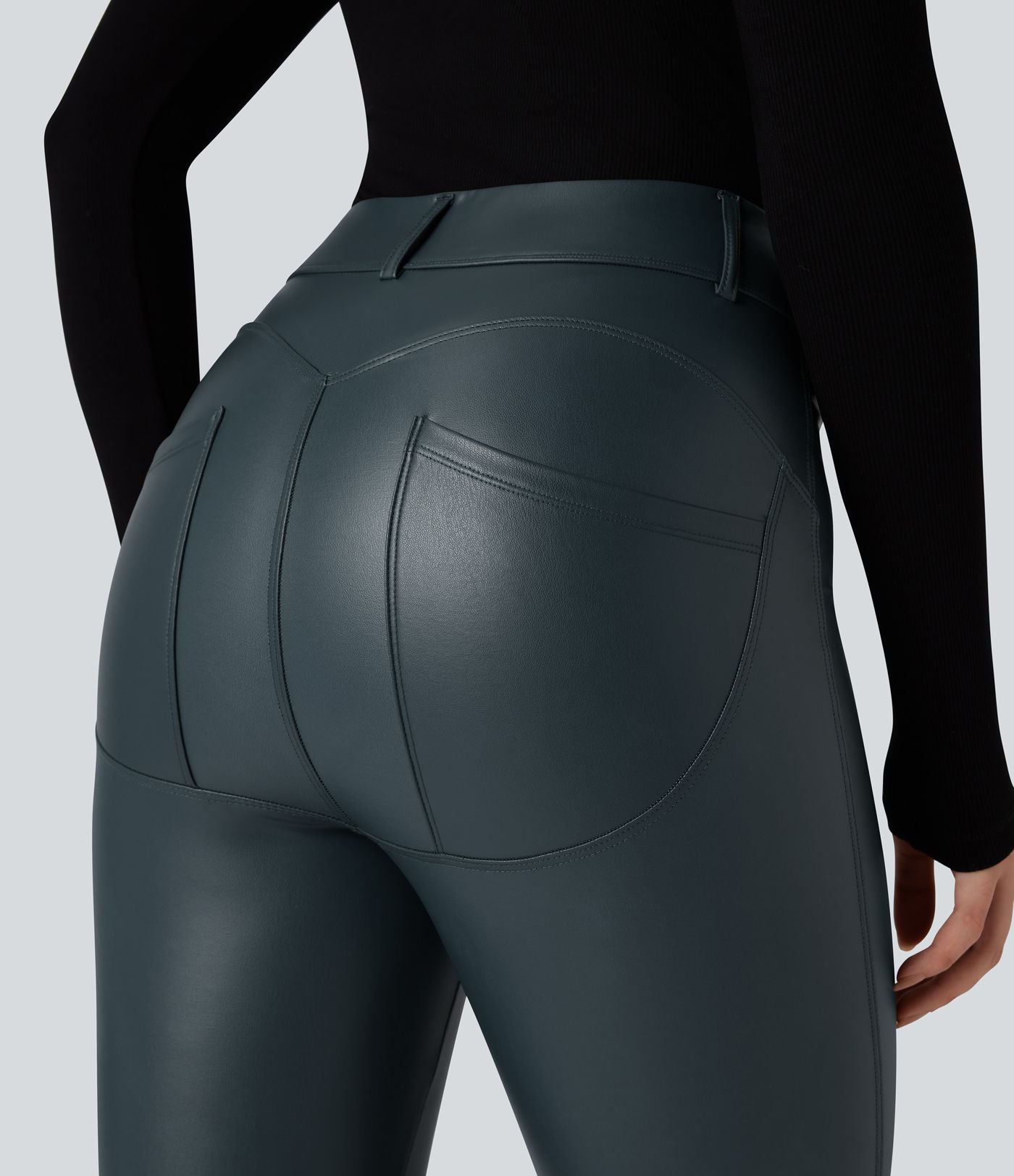 Pantalon polaire simili cuir extensible taille haute avec poches