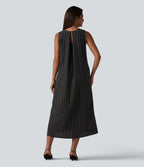 Robe décontractée midi col rond sans manches à rayures dos ajouré avec poches