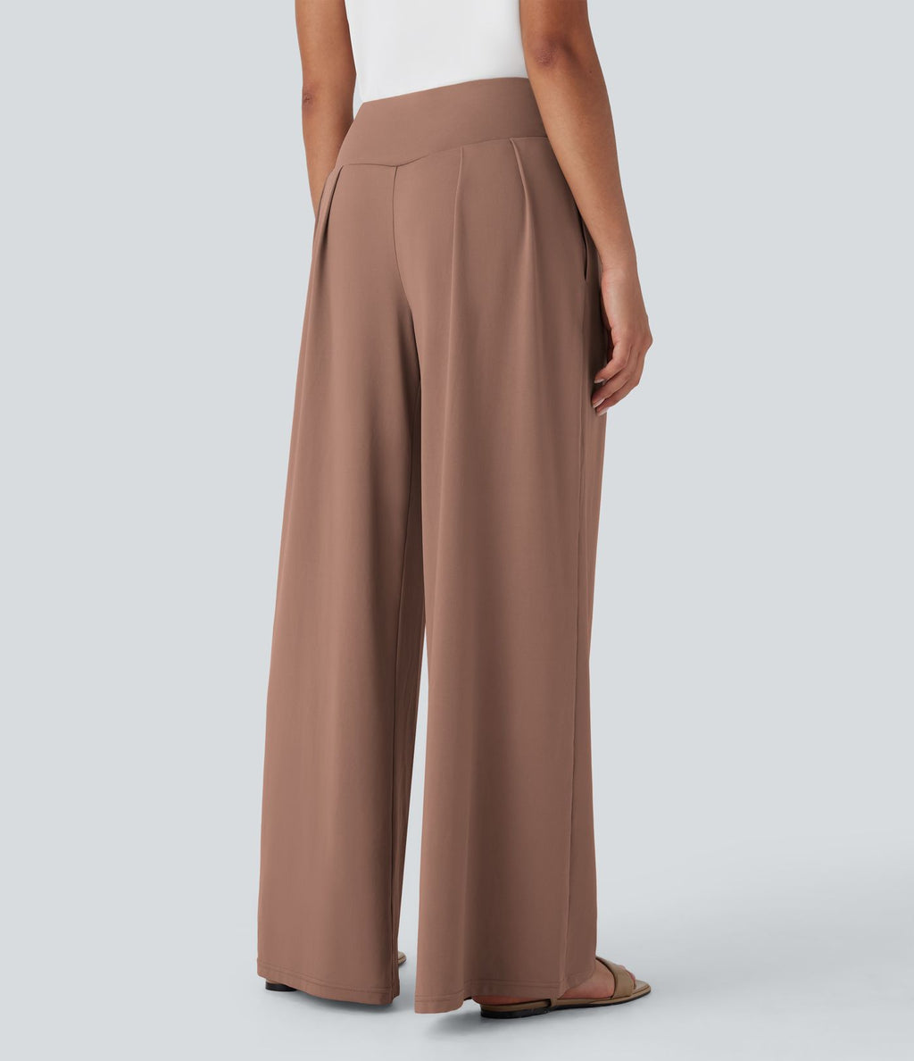 Pantalon large fluide taille haute avec poches latérales