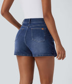 Halara Flex™ Short décontracté en jean extensible effet délavé à taille haute avec poches multiples et détail enveloppant