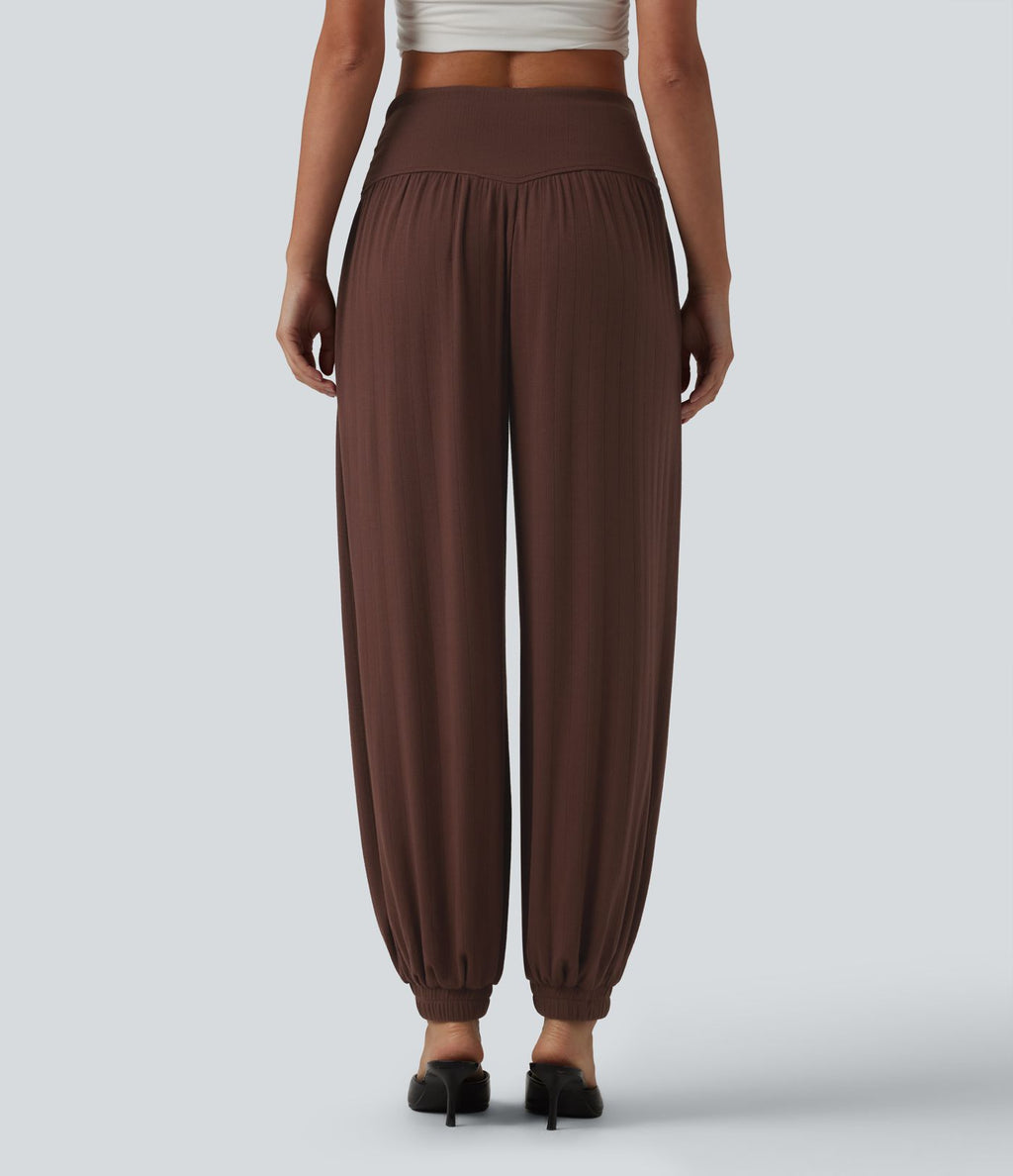 Jogging ballon taille haute drapé en maille côtelée avec poches