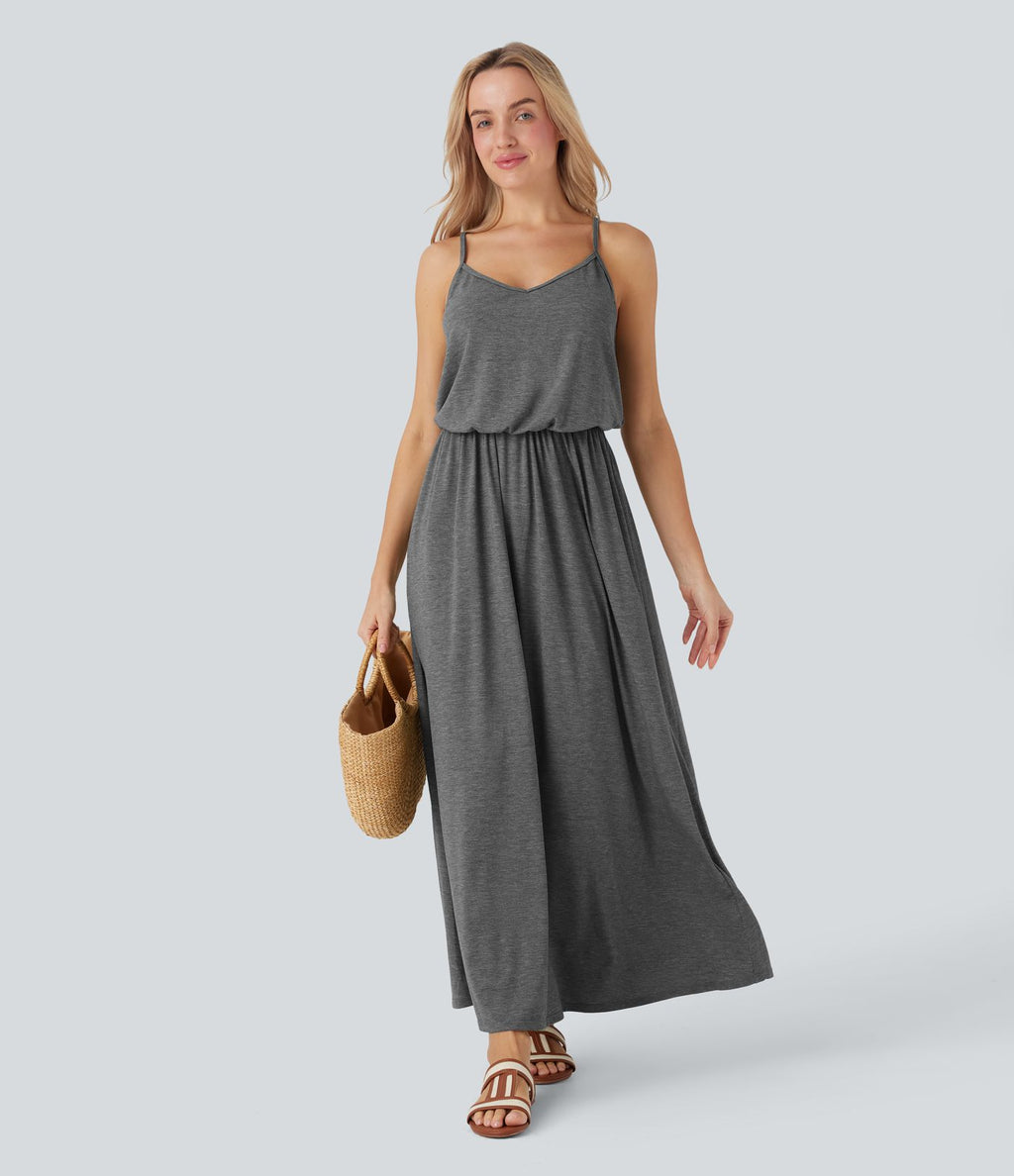 Robe longue fluide type nuisette à bretelles ajustables avec poches