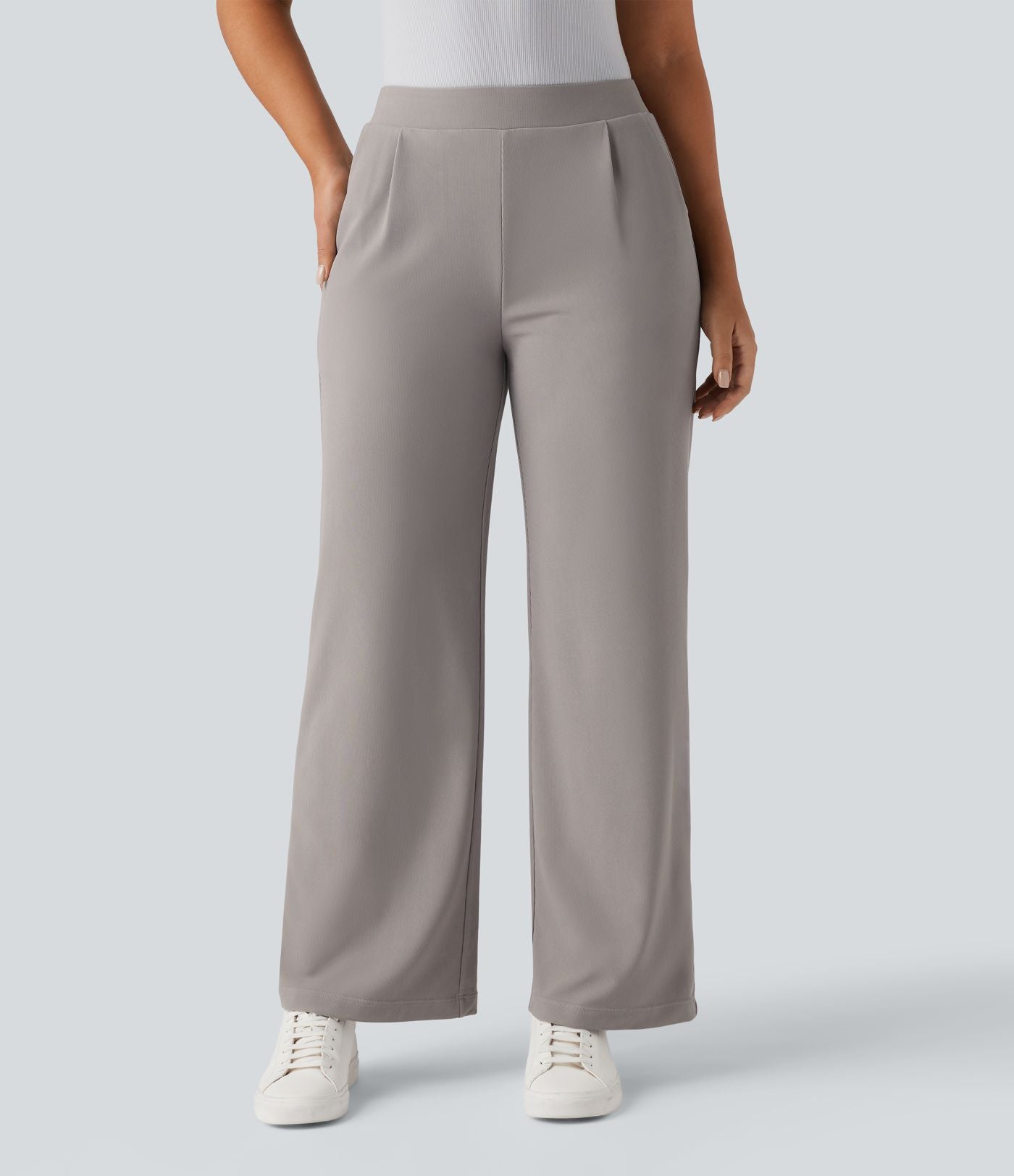 Pantalon tailleur large gainant sculptant taille haute en micro-gaufré avec poches Halara Flex™