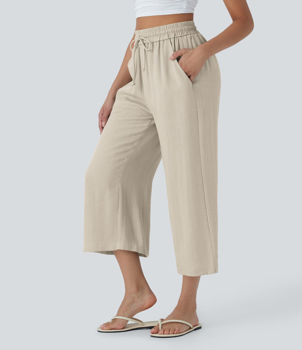 Pantalon décontracté aspect lin 7/8 à taille haute, jambe large avec cordon de serrage et poches latérales