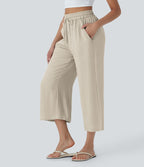 Pantalon décontracté aspect lin 7/8 à taille haute, jambe large avec cordon de serrage et poches latérales