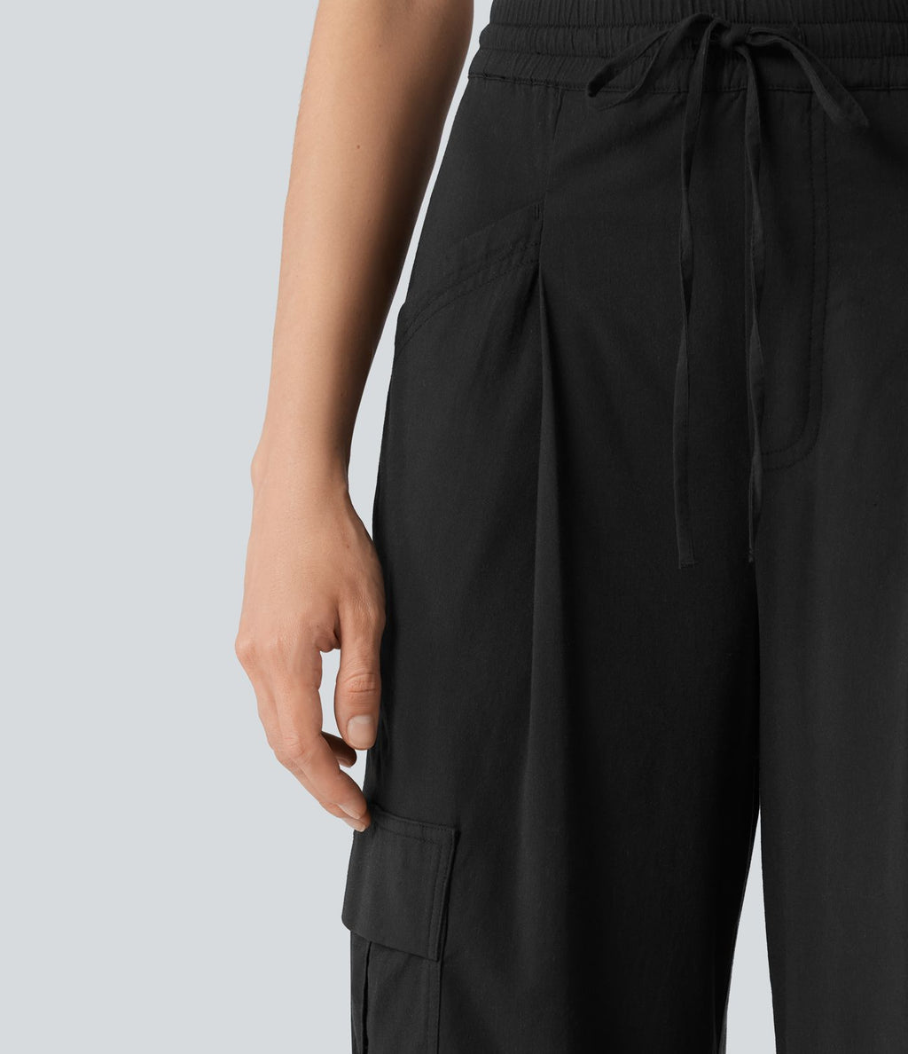 Pantalon cargo décontracté en lin extensible coupe droite taille mi-haute avec cordon de serrage et poches