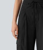 Pantalon cargo décontracté en lin extensible coupe droite taille mi-haute avec cordon de serrage et poches
