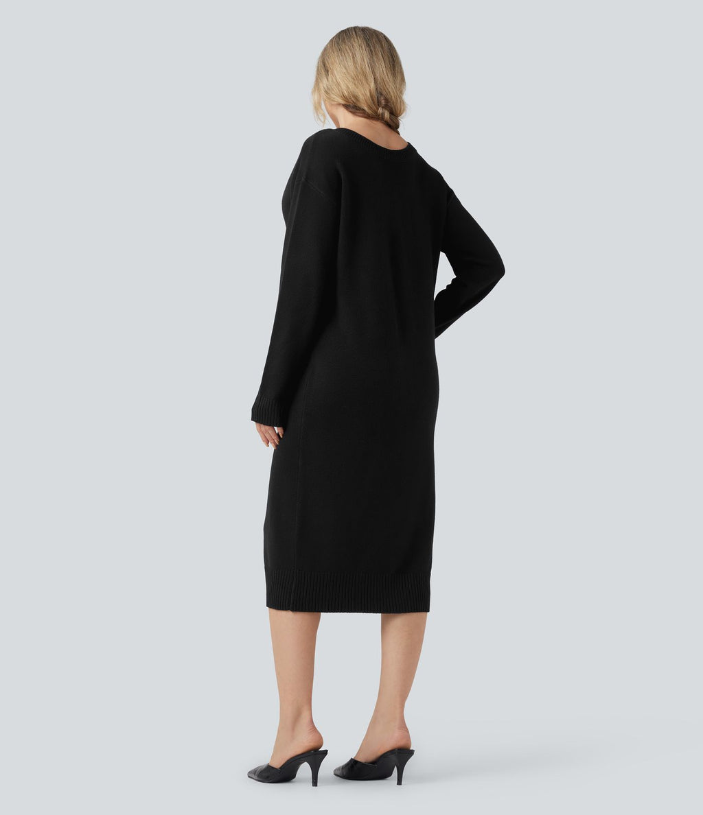 Robe pull laine mélangée col V manches longues mi-longue - réversible devant et dos