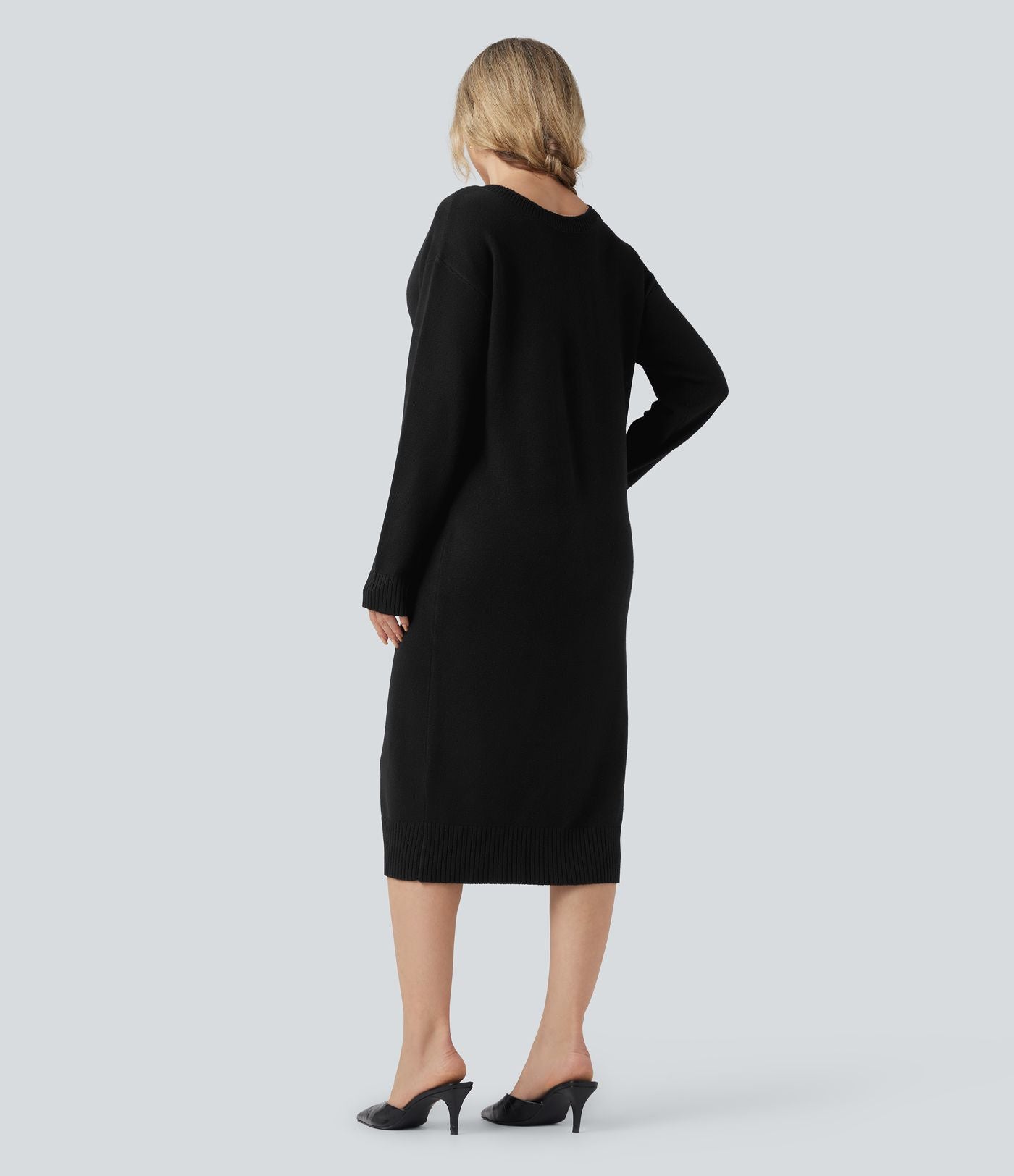 Robe pull laine mélangée col V manches longues mi-longue - réversible devant et dos
