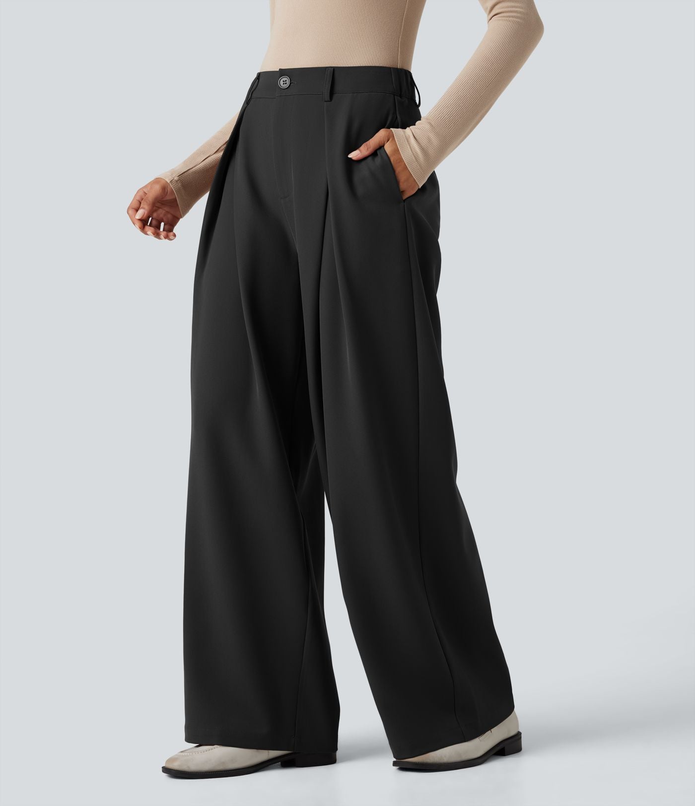 Pantalon tailleur large, taille haute, à poches