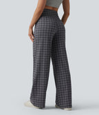 Pantalon large taille haute ventre plat à carreaux en tissu froissé séchage rapide avec poches