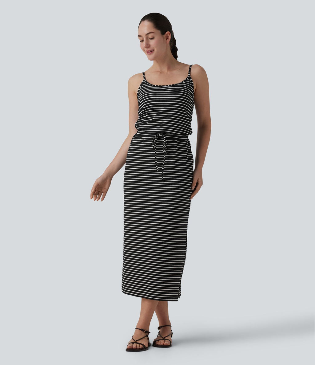 Robe décontractée midi rayée avec brassière intégrée cordon de serrage et poches