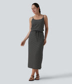 Robe décontractée midi rayée avec brassière intégrée cordon de serrage et poches