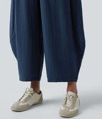 Pantalon décontracté effet lin jambes ballon taille haute avec cordon de serrage et poches