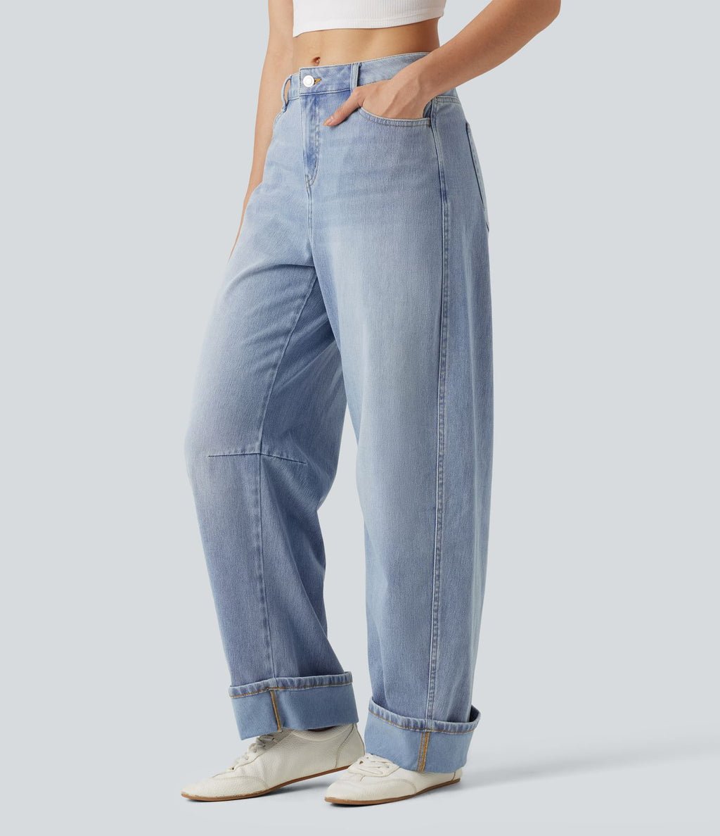 Jean barrel leg Halara Flex™ taille mi-haute, à revers avec poches