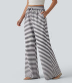 Pantalon large casual à rayures en maille gaufrée taille haute avec cordon de serrage et poches