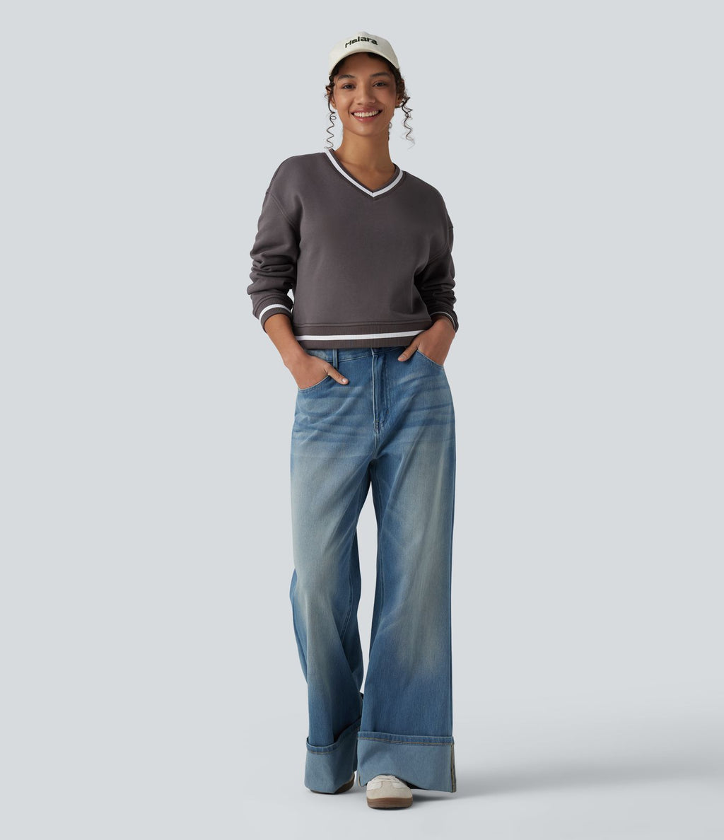 Sweat casual col V manches longues color block en coton