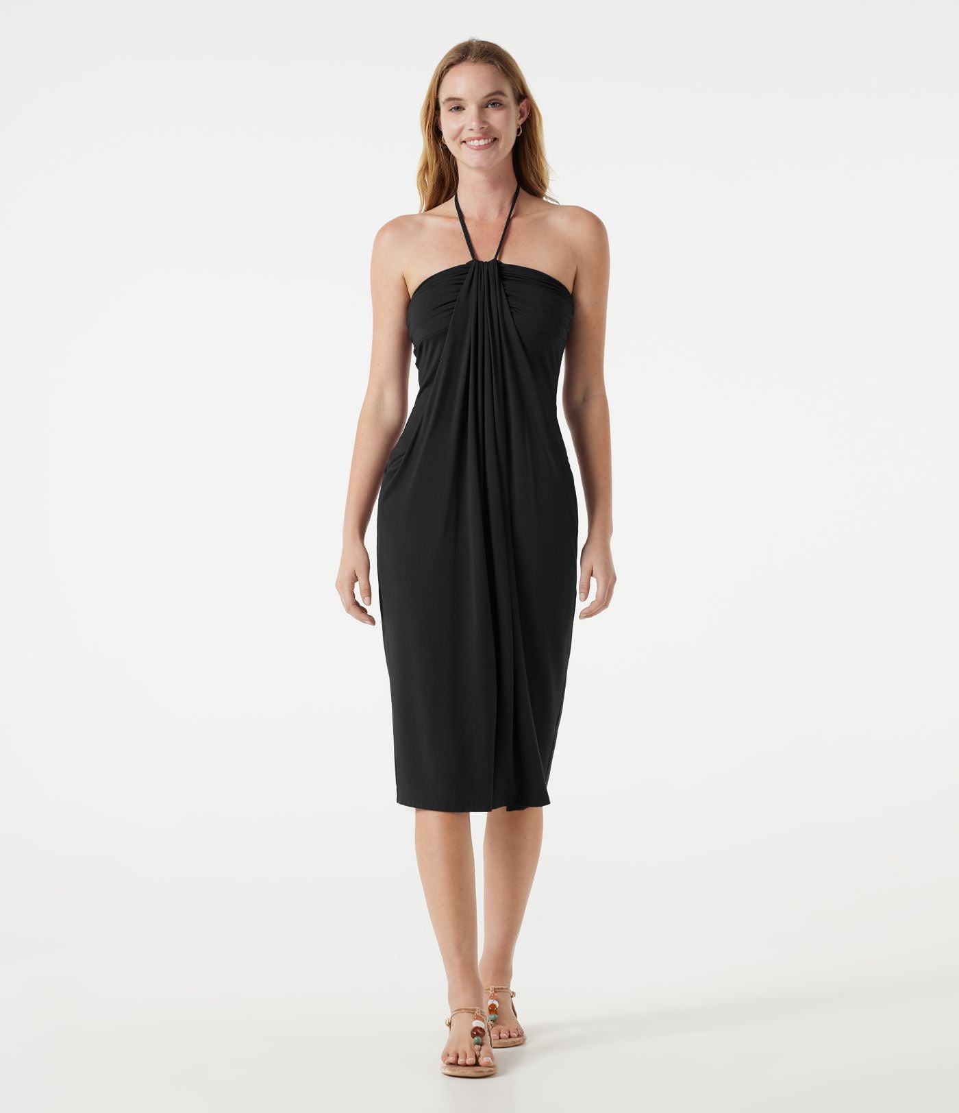 Robe midi dos nu à col halter avec lien noué au dos et poches
