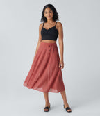 Jupe Casual Évasée Mesh Mi-Longue Fuide 2 en 1 Contrastée Taille Haute Cordon Poche Latérale
