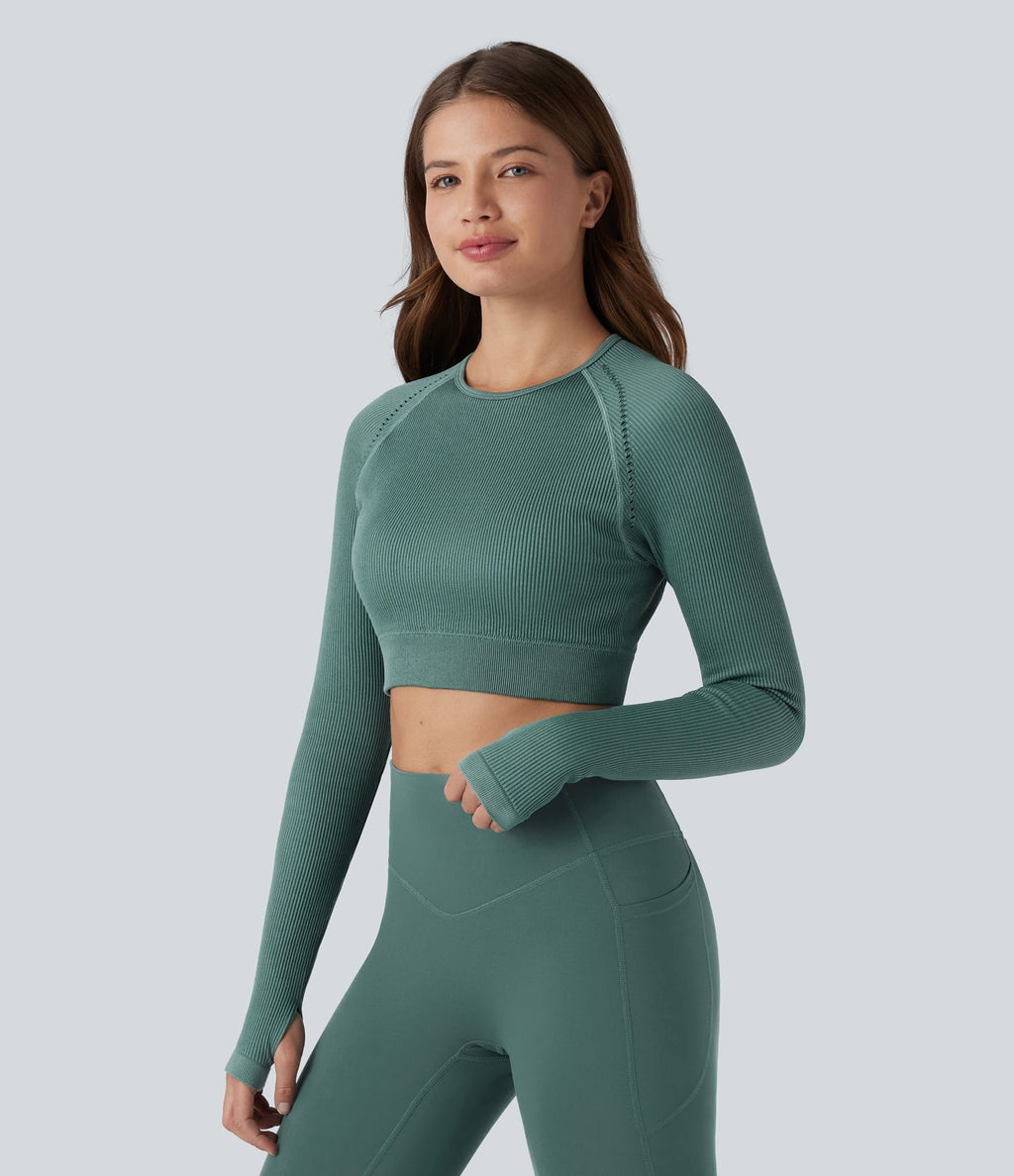 OneForm Seamless Flow Top de sport court yoga dos nu à manches longues raglan avec passants pouces
