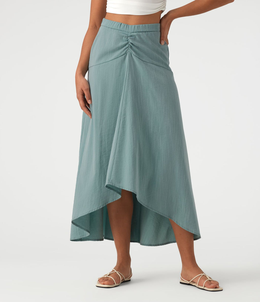 Jupe longue taille haute ourlet asymétrique aspect lin