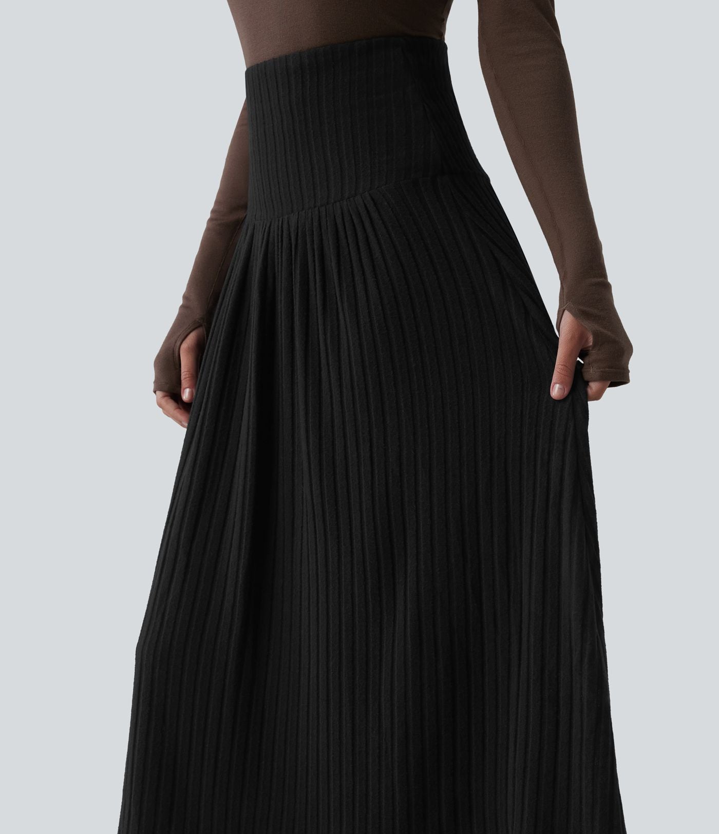 Jupe tailleur midi trapèze taille haute en maille côtelée