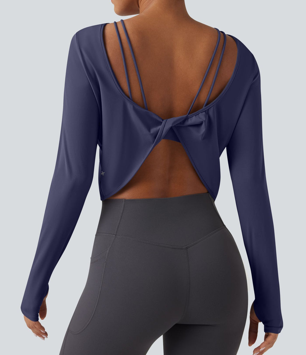 Top de sport yoga SoftlyZero™ QuickDry 2-en-1 dos nu torsadé manches longues avec trous pouces